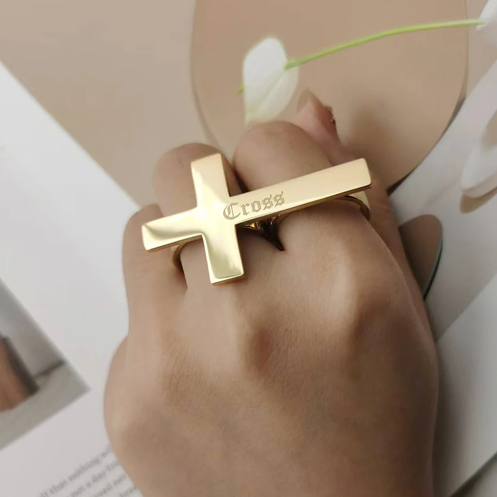 Anel de cruz personalizado com dois dedos, nome gravado, prata, aço inoxidável, joias masculinas, presente personalizado para namorado