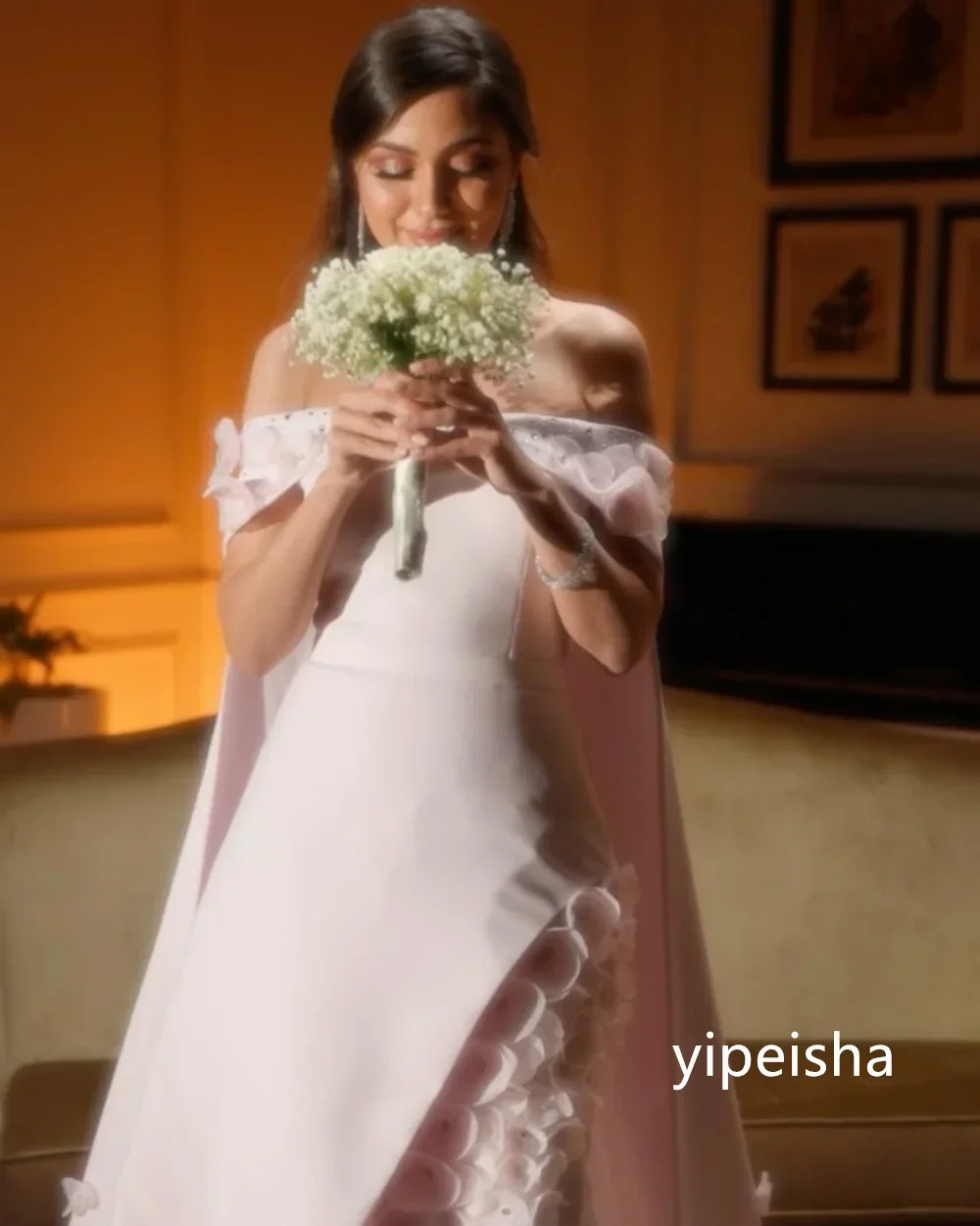 Personalizado intrincado jérsei flor a linha fora do ombro midi vestidos de baile clássico requintado estilo moderno pastrol queixo