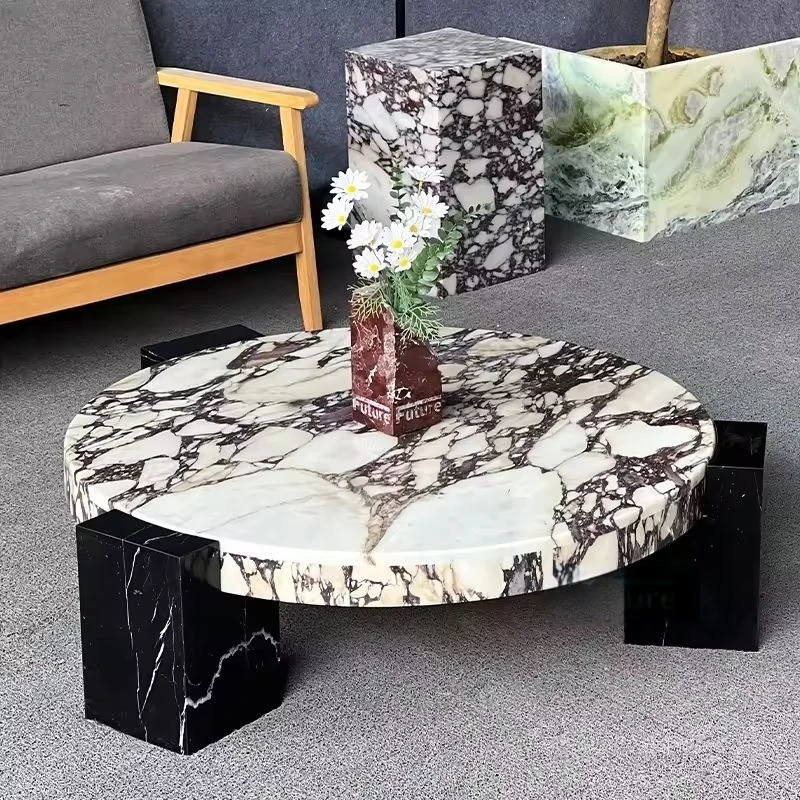 100 Pure Luxury Calactta Viola Marble Round Top Coffee Table with Black Marquina Marble Leg for Home Living Room  Table Basse