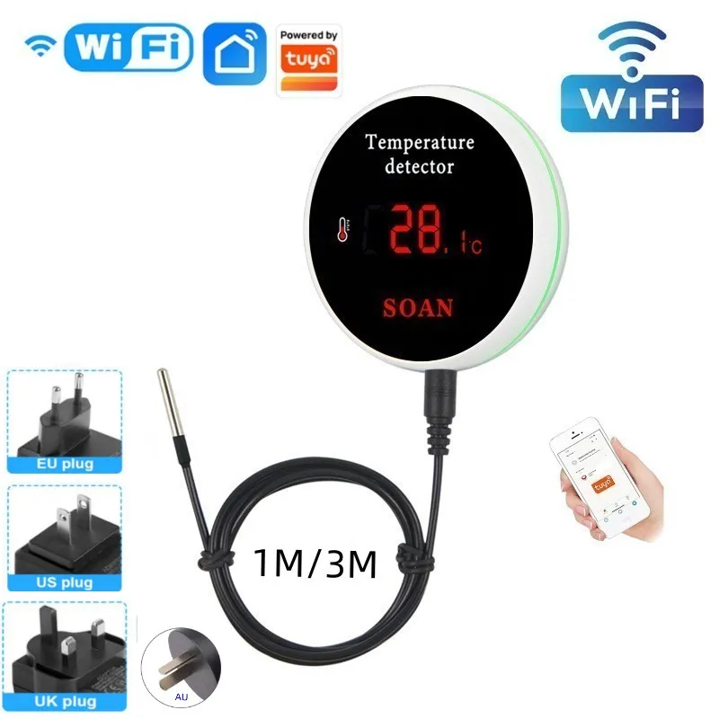 Tuya wifi sensor de temperatura 1 m/3 m sonda digital tela lcd vida inteligente termômetro para geladeira água piscina termostato alarme remoto