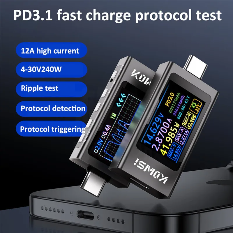 KWS-X1 4V-30V 12A tipo C voltímetro amperímetro TYPE-C detección de carga rápida medición de capacidad de disparo medición de ondulación