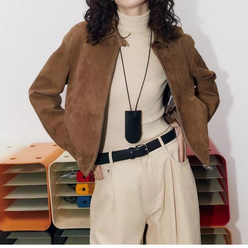 Vintage casaco de couro genuíno feminino 2024 primavera outono nova moda maillard estilo dinheiro velho lapela curto pele carneiro camurça jaqueta