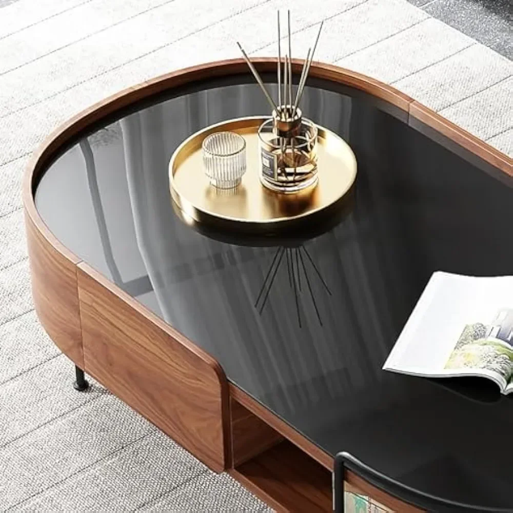 Couchtisch, ovaler Tischplatte aus schwarzem Walnussholz, halbrunder Stauraum im Wohnzimmer, geeignet für Wohnzimmer-Couchtisch