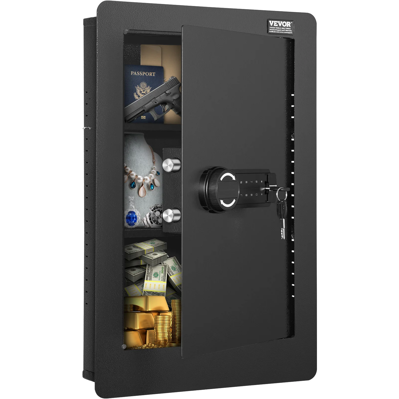 SucceBuy Cofre de parede alto de 3/4 camadas, cofre de parede oculto com teclado Q235, aço laminado a frio na parede, seguro para dinheiro, joias, passaporte, casa