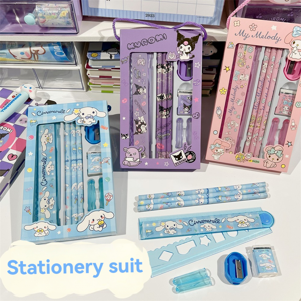 Sanrio conjunto de papelaria hello kitty cinnamoroll kuromi lápis de desenho animado régua de borracha apontador de lápis estudante conjunto de papelaria