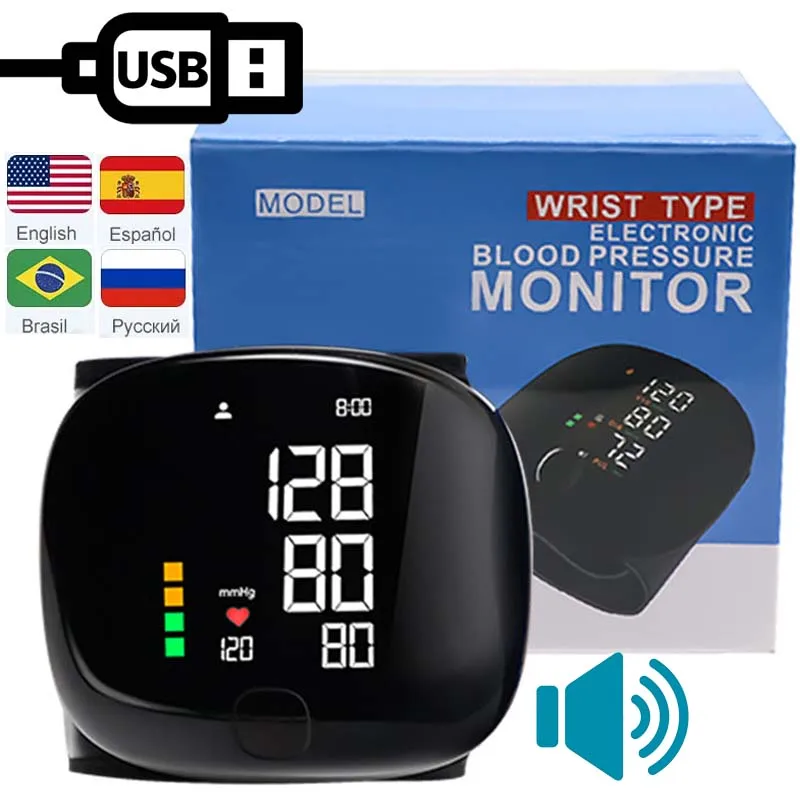Nuevo Monitor de presión arterial de muñeca LED, esfigmomanómetro de transmisión de voz en inglés recargable, tonómetro, Monitor BP