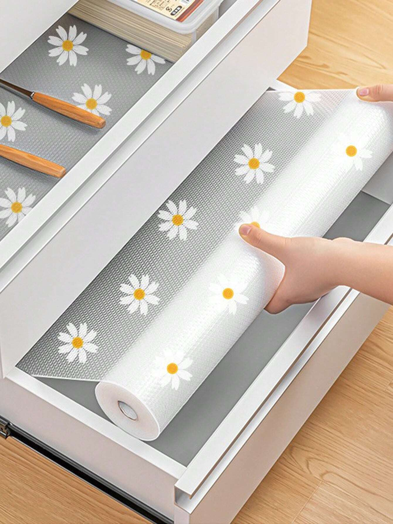 1 rollo de revestimiento de estante de margaritas para gabinetes de cocina, almohadilla impermeable EVA para nevera, alfombrilla para armario, manteles individuales fáciles, revestimiento de cajón no adhesivo