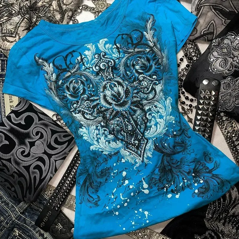 女性の Y2k グランジ Tシャツ 2000 年代ヴィンテージラインストーンプリントハートローズ Tシャツ美学原宿ラウンドネックトップスストリートファッション