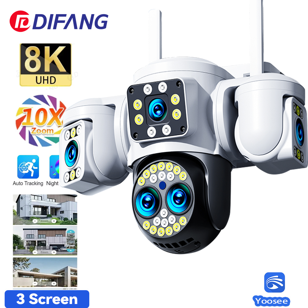 New 8K WiFi Camera Outdoor 10X Zoom Three Screen PTZ Video Surveillance Yoosee Street Dome 16MP Security-Protection CCTV Cameras