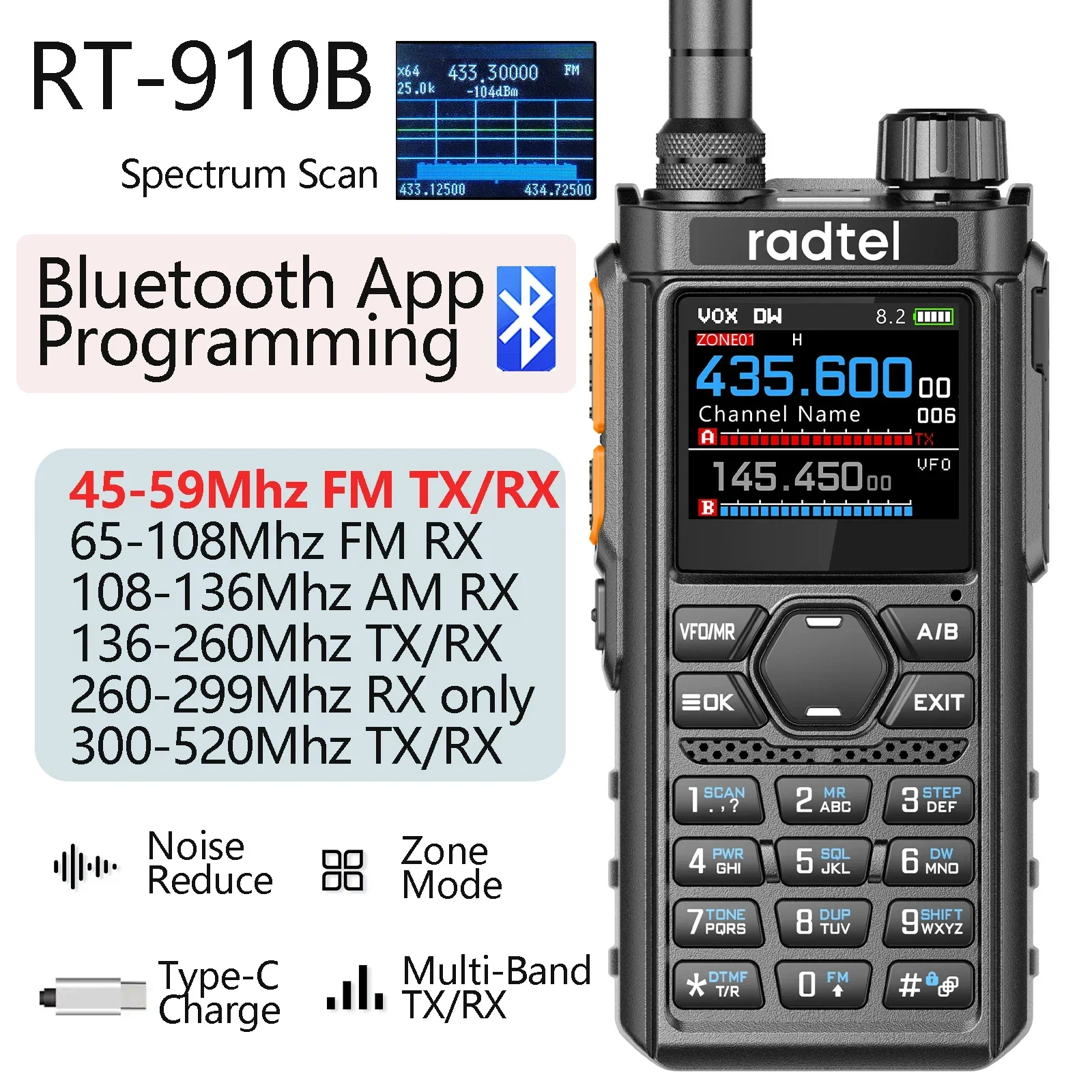 Radtel RT-910B 45-59Mhz TX RX Walkie Talkie 960 Channels, AM/FM, Air Band, Type C Spectrum with Bluetooth Noise Reduction NOAA