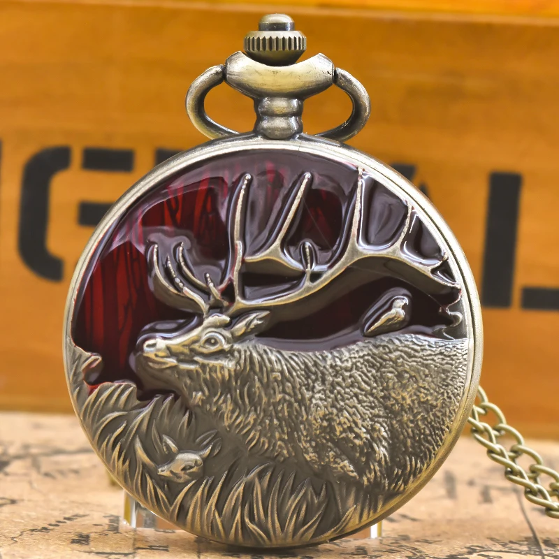 Steampunk vintage bronze elk esculpido relógio de bolso de quartzo colar pingente relógio corrente masculino feminino corrente presente