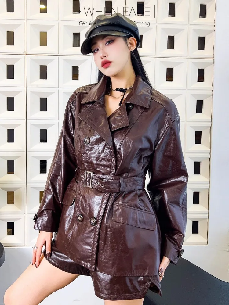 Vintage Herbst Frauen Zweireiher Gürtel Slim Fit Mid Lange Jacke Öl Wachs Schaffell Echtes Leder Jacke Windjacke Mantel