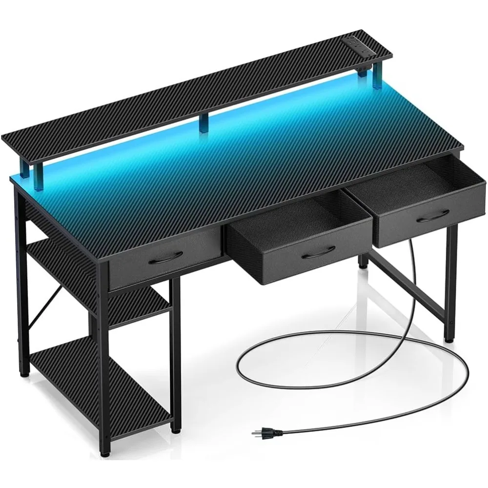 omputer Desk with Power Outlets & LED Light, 47 inch Home Office Desk with 3 Drawers and Storage Shelves, Writing Desk