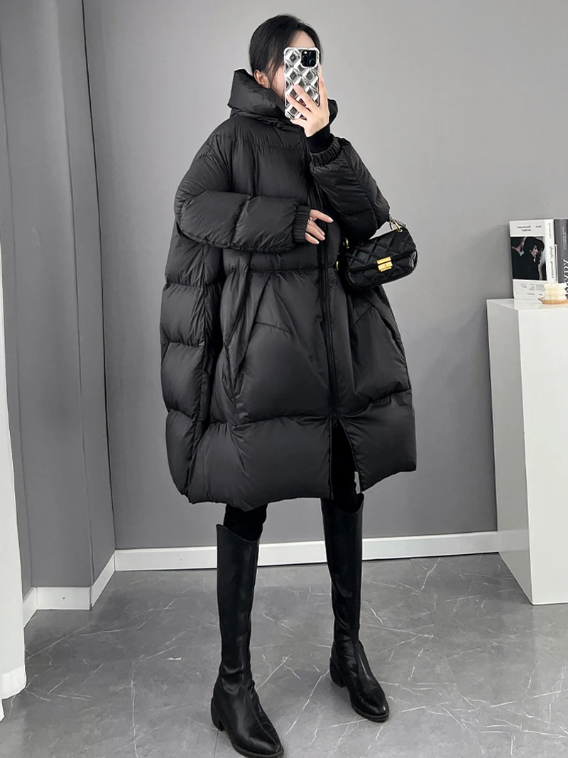 Preto branco com capuz jaqueta para mulheres inverno oversized grosso quente bolsos puffer casaco senhora penas longas outwear inkeo 3o129