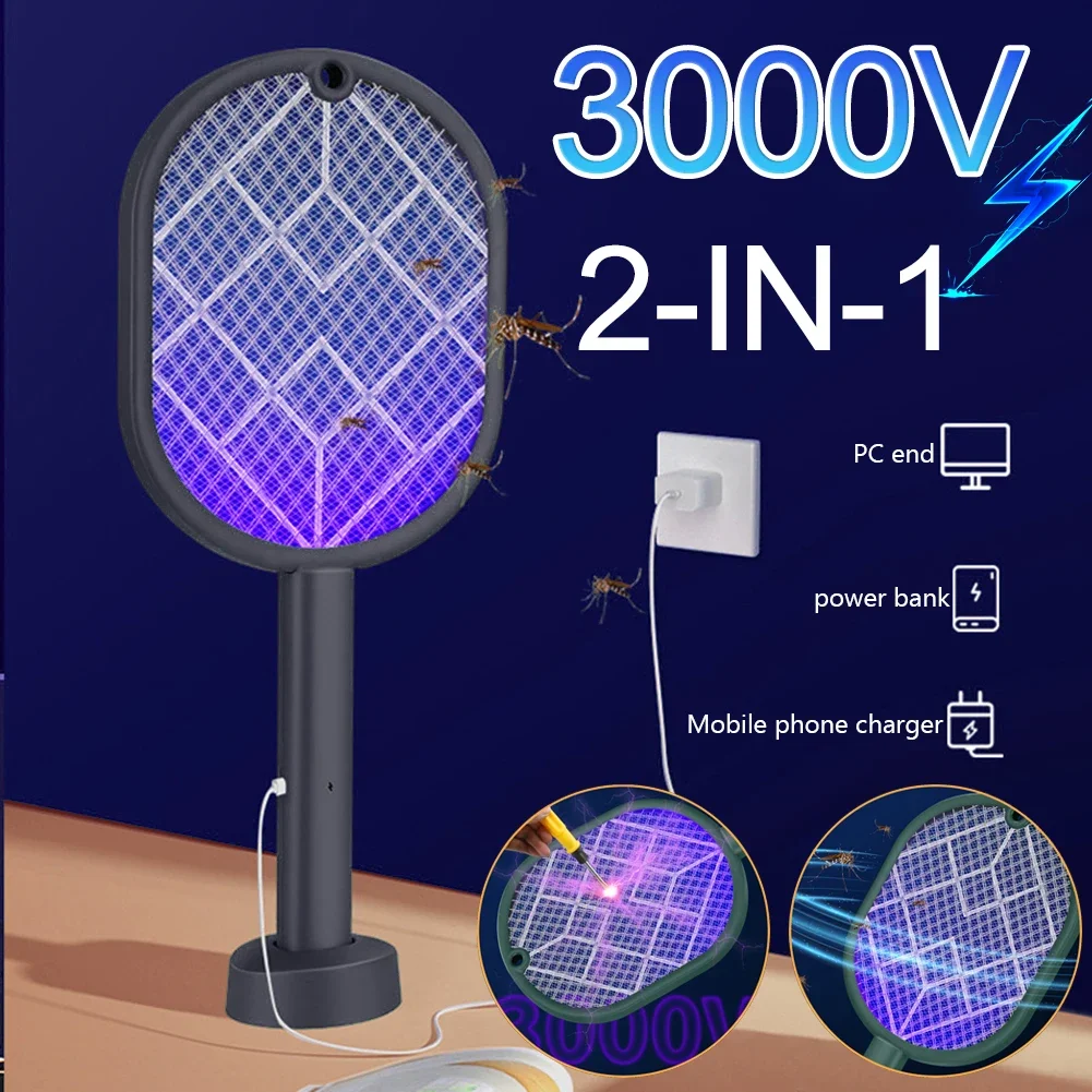Matamosquitos eléctrico 2 en 1, matamoscas, trampa, matamoscas eléctrico, raqueta antimosquitos recargable por USB, Exterminador de moscas para el hogar