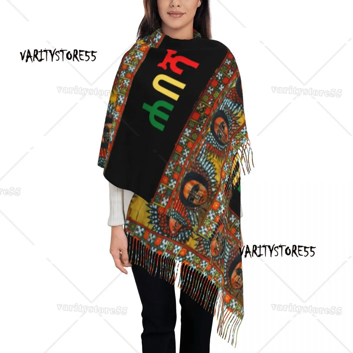 Custom Ethiopian Habesha Art Scarf Wrap for Women Long Winter Warm Tassel Shawl Unisex Scarves