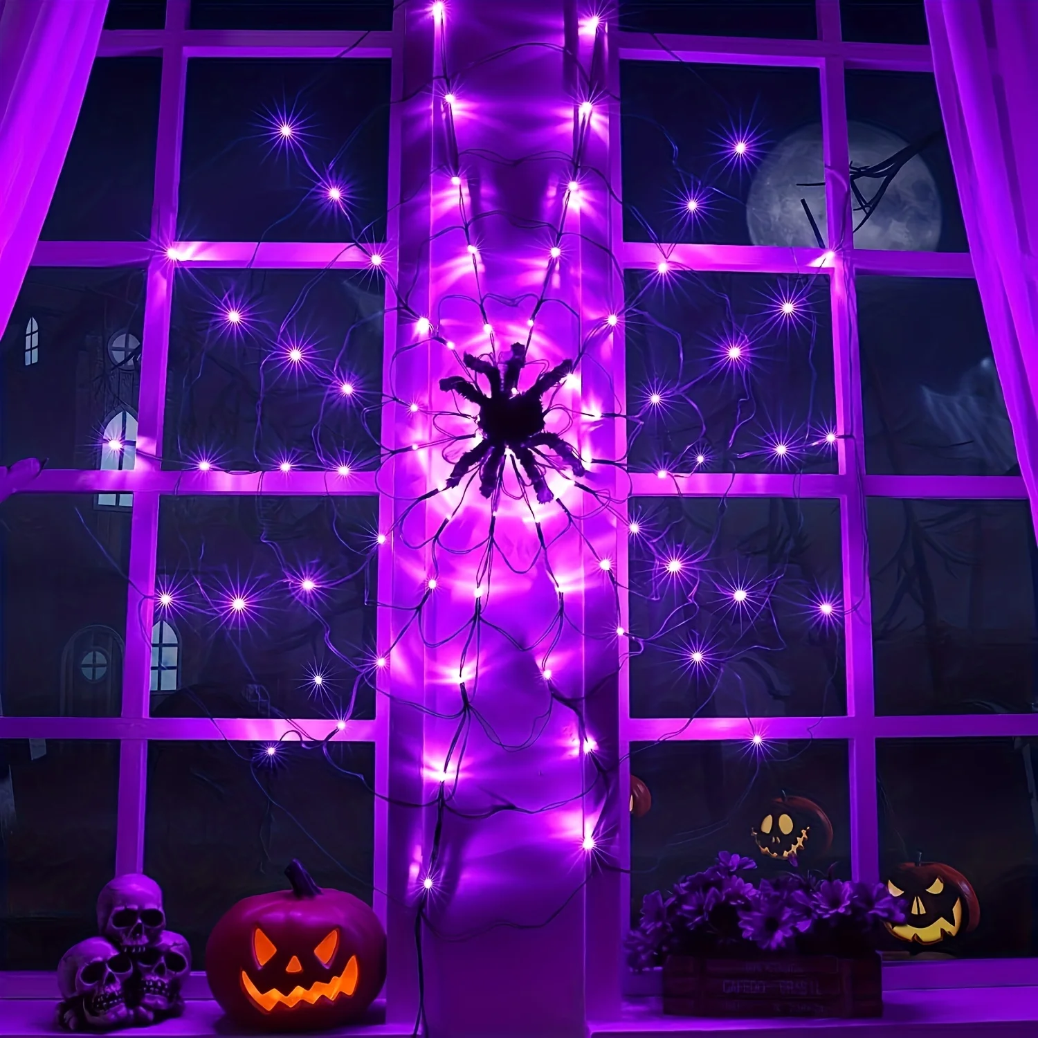 Luce ragnatela di Halloween con ragno gigante - 8 modalità, telecomando, alimentata tramite USB per decorazioni spettrali per interni ed esterni