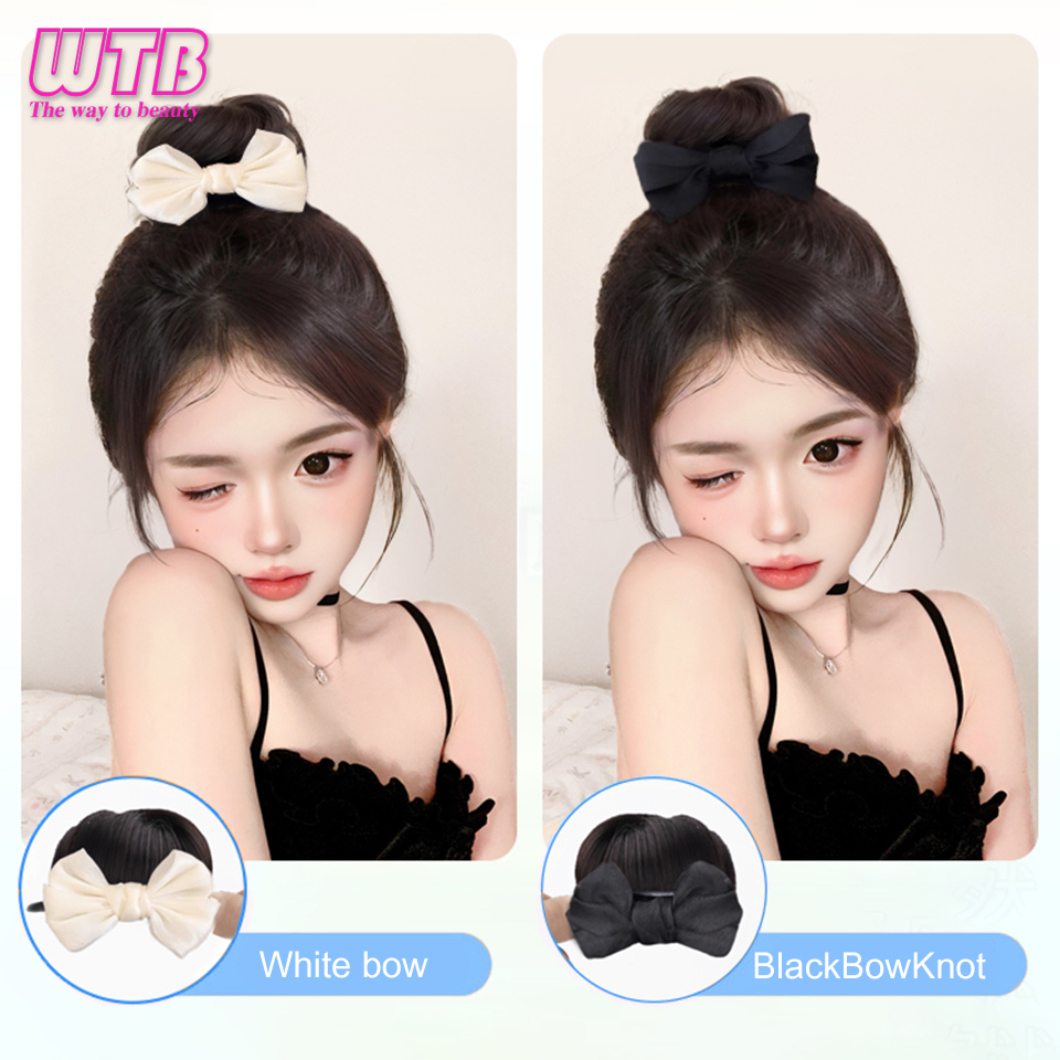 Peruca de coque sintético feminino arco garra clipe chignon peruca flor bud preto integrado resistente ao calor peruca de cabelo para uso diário