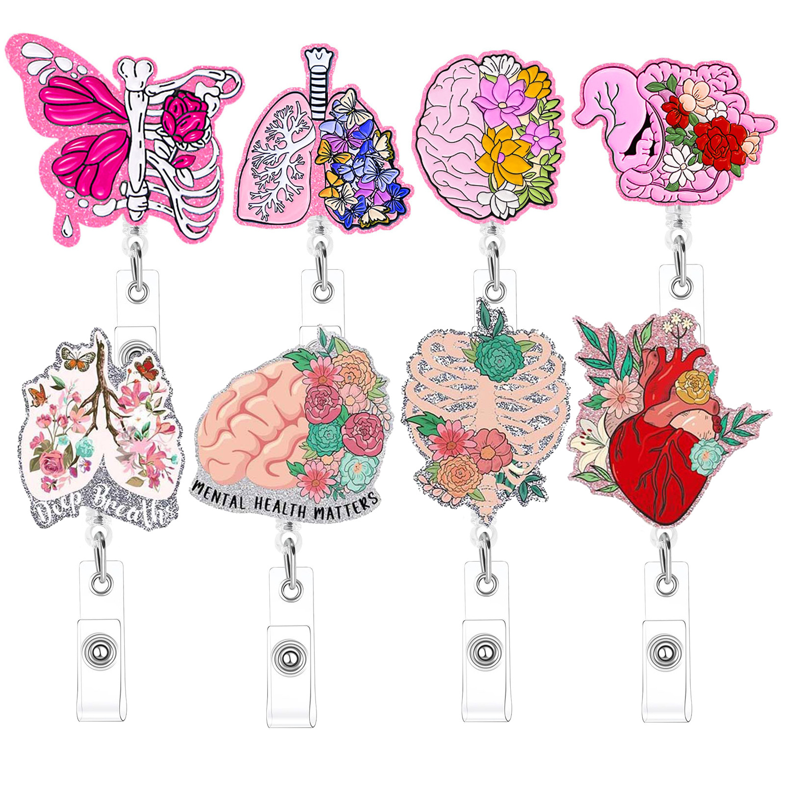 Retractable Organ Brain Heart Badge Reel Clips Flower Acrylic Hospital Lab Doctor Nurse Work Id Tag Card Holder Medical Accessor
