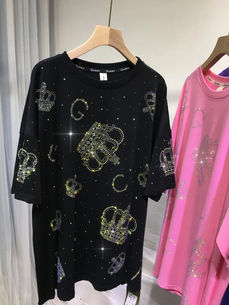 Oversized Europese top zomer nieuwe mode losse strass diamanten kroon ijzeren diamant dames T-shirt met korte mouwen