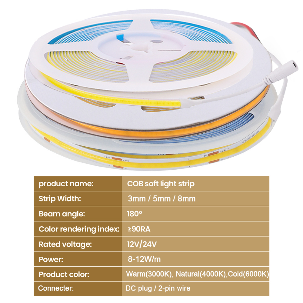 3mm 5mm PCB COB LED Strip Ultra Thin 12V 24V 8MM Tape Light With DC Plug/ 2pin Wire Dimmable Linear Lighting High Density Lamp