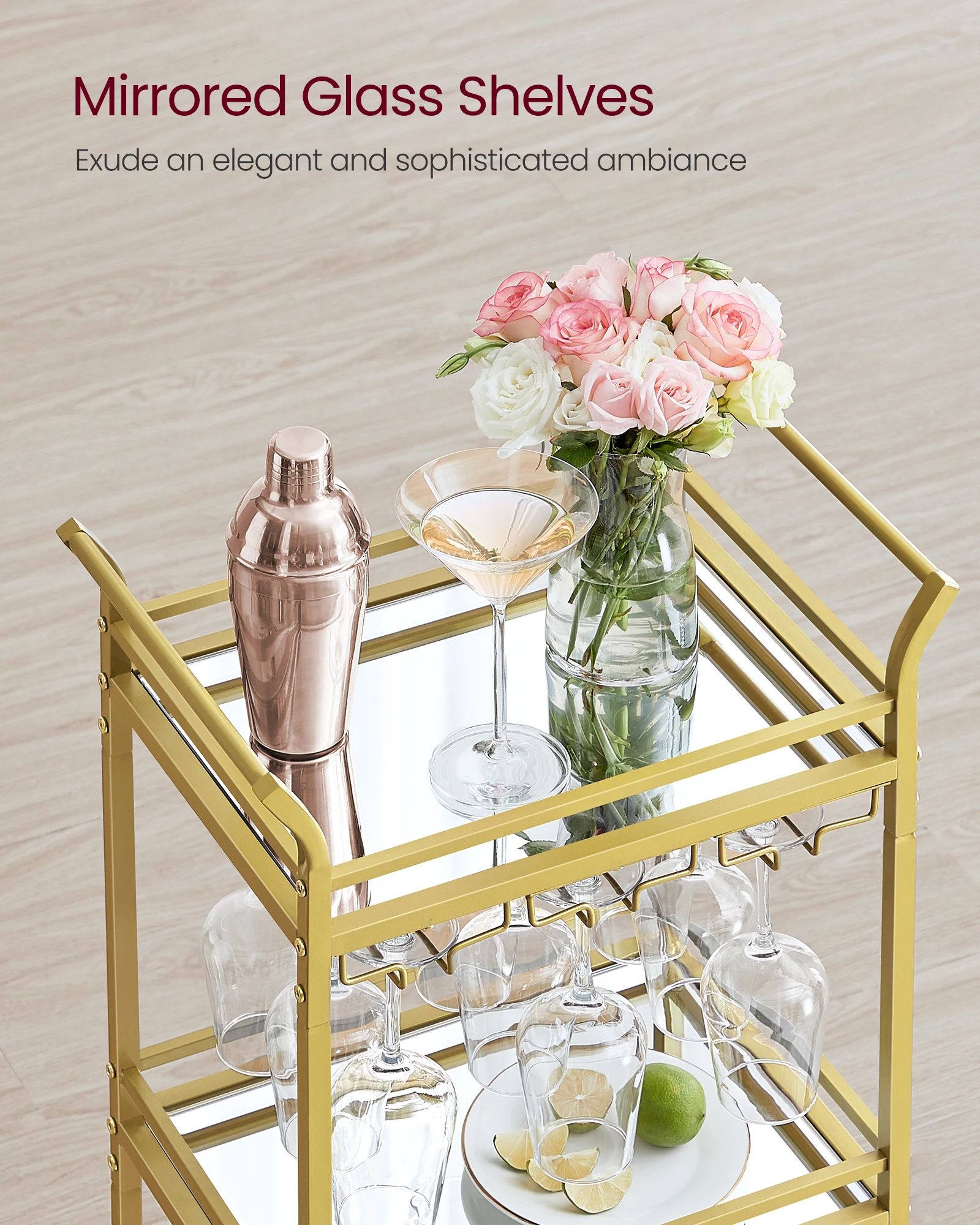 VASAGLE Bar Cart, Home Bar Serving Cart, Small Bar Cart with 3-Tier Shelf, Wine Holders, Glass Holders, Mini Bar Cart