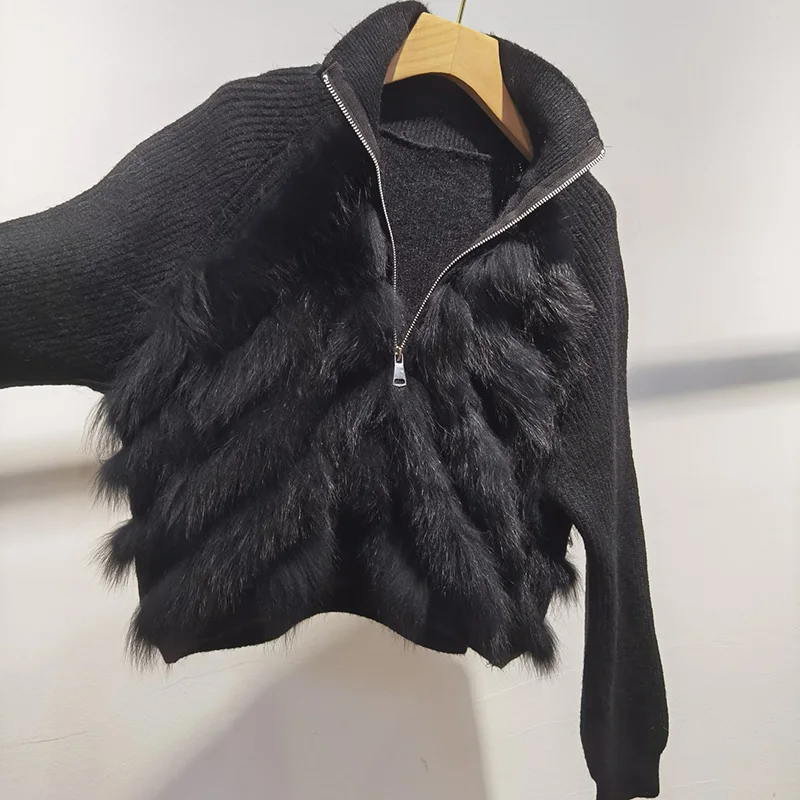 Frauen Kurze Gestrickte Pullover Mit Echt Fox Pelz Langarm Echtes Pelz Trimmen Pullover Weibliche Jumper Mit Zipper