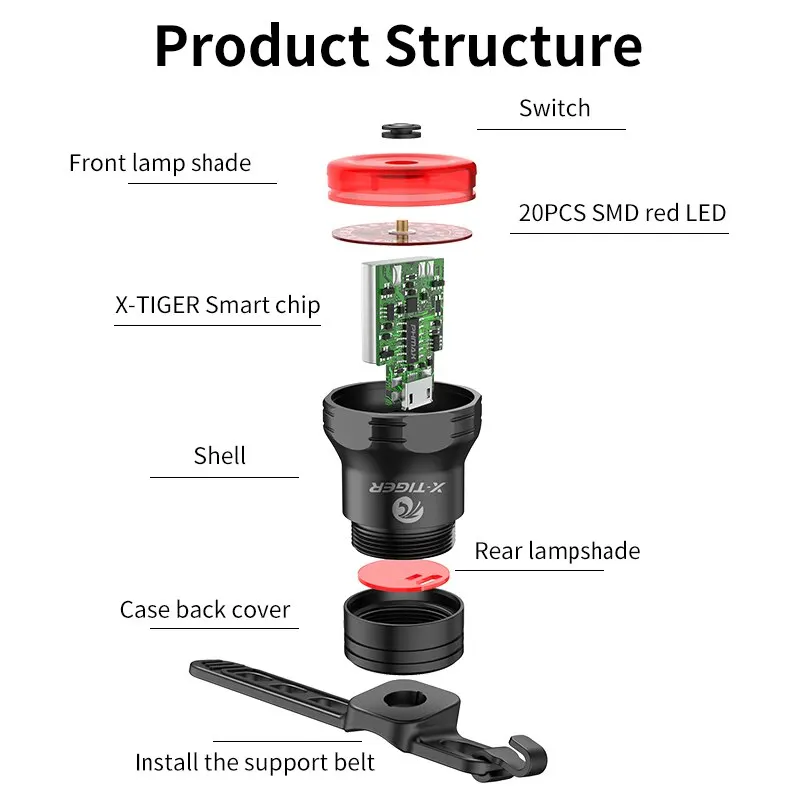 Feu arrière de vélo X-TIGER, détection intelligente, pour vtt, vélo de route, étanche IPX6, charge de Type C, accessoire de cyclisme