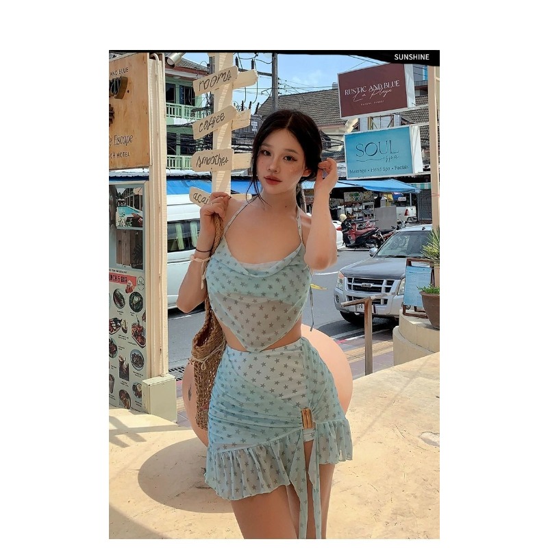 Mint Mambo Bikini-Set für Damen, luxuriöses zweiteiliges Badekleid mit Rock und Push-Up-Oberteil, schlankmachende Hot Spring Resort-Badebekleidung