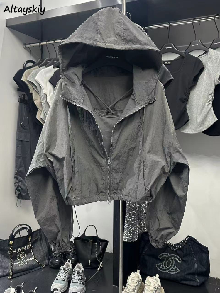 3-цветные куртки женские летние укороченные для отдыха солнцезащитный крем с капюшоном тонкие свободные винтажные чистые базовые верхняя одежда High Street College Fashion