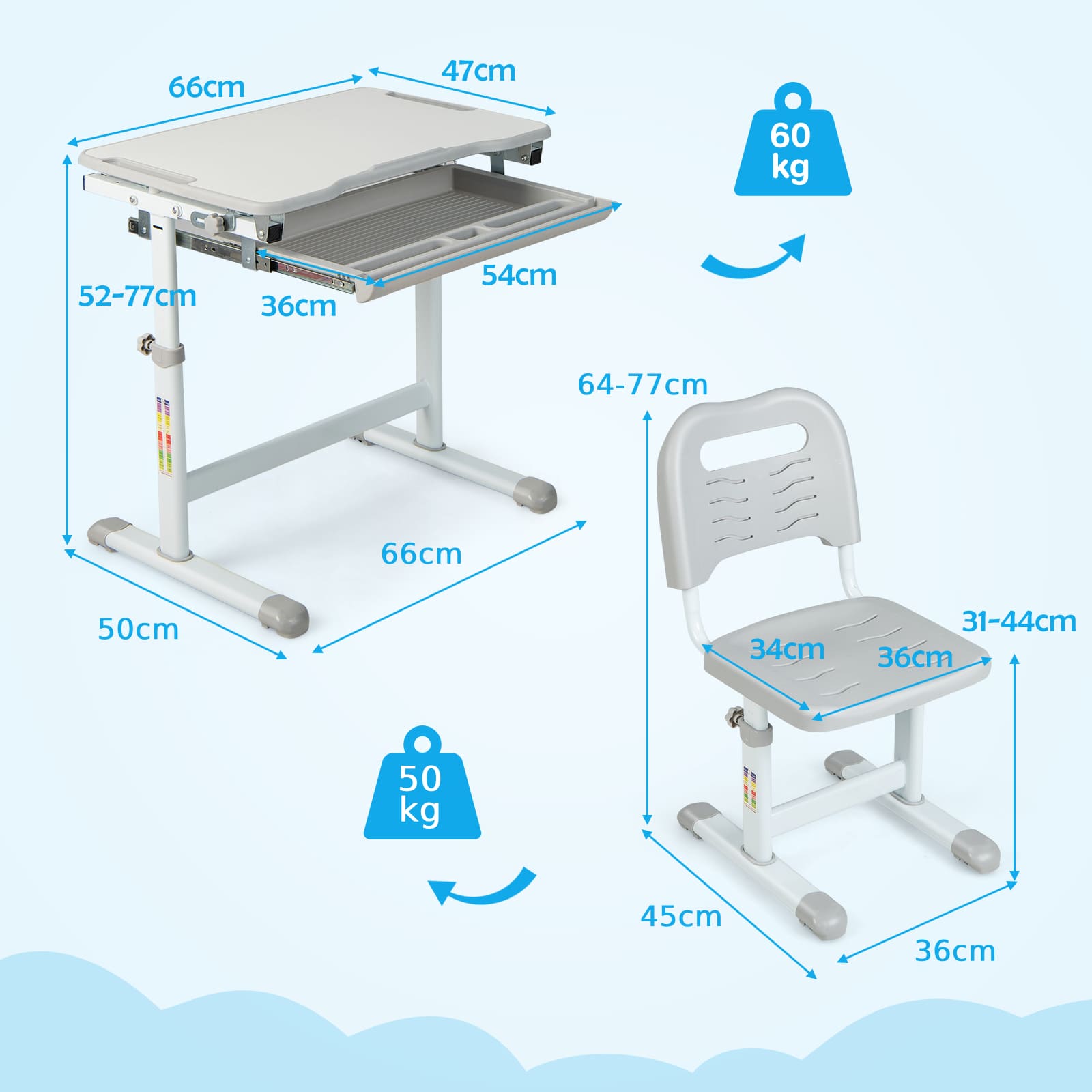 GOFLAME Kids Desk & Chair Set, Height Adjustable Study Table with Tilting Tabletop, Large Pull-out Drawer & Metal Hook