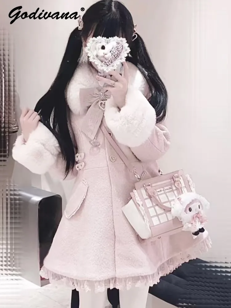 Winter Neue Japanische Süße Bogen Schlank Mittel Lange Woolen Mantel Faux Pelz Kragen Lolita Mädchen frauen Rosa Weiß Wolle jacke Mantel