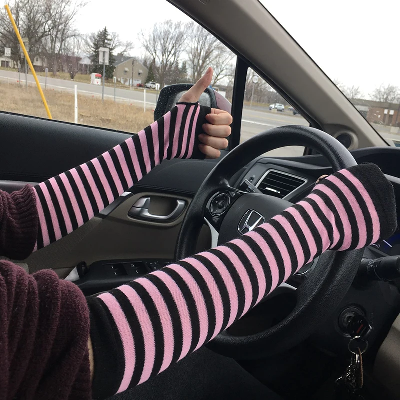 Guantes de codo a rayas para mujer, guantes largos tejidos más cálidos sin dedos, manoplas para codo, accesorios de regalo de Navidad