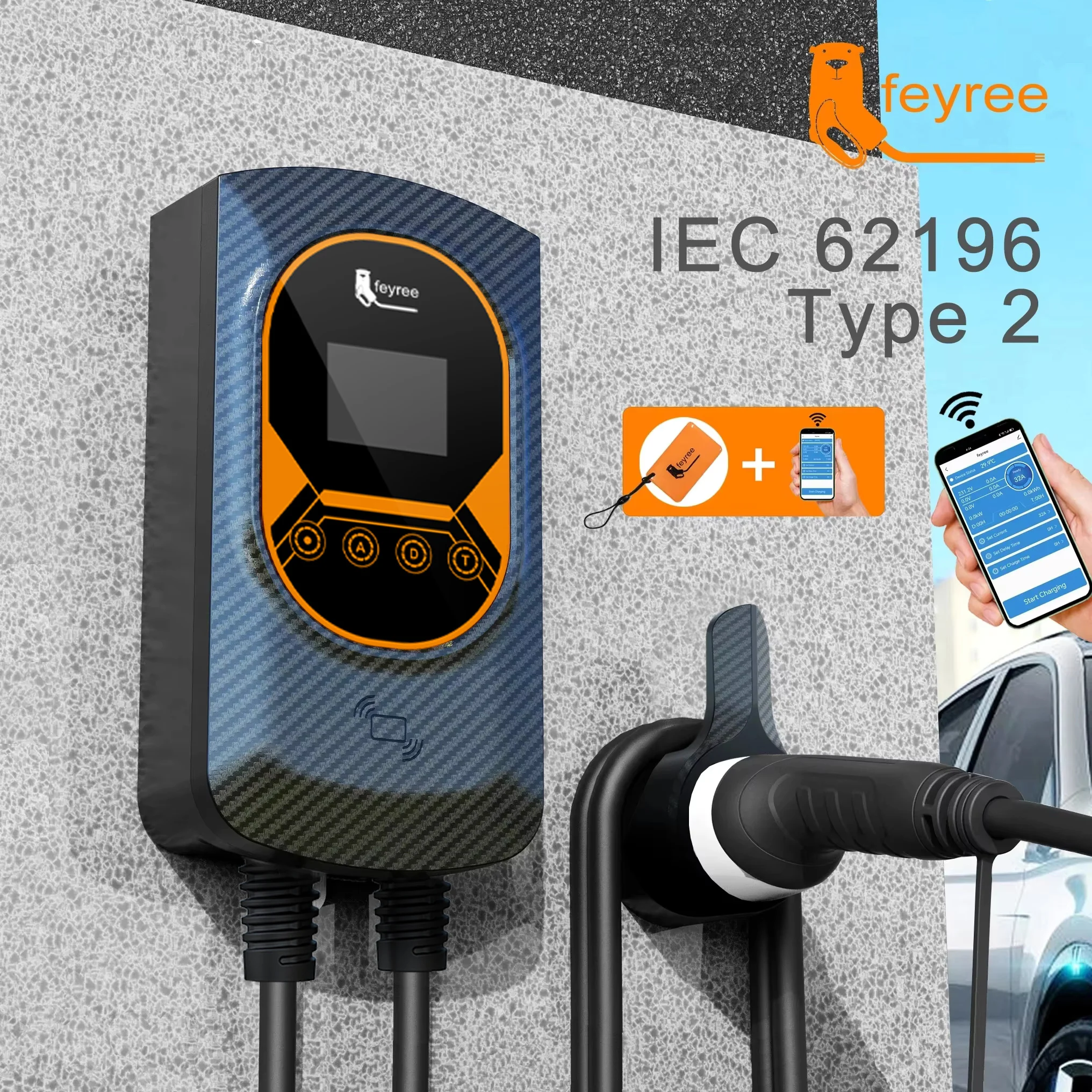 Stacja Ładująca Feyree EV 32A Ładowarka Samochodowa Elektryczna EVSE Wallbox Montaż Ścienny 7.6/11/22KW Typ 2 Kabel IEC62196 Sterowanie Aplikacją