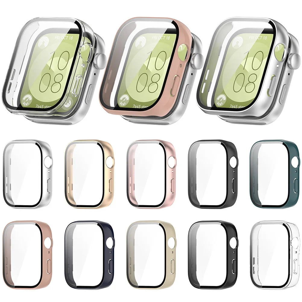 PC Watch Case with Tempered Glass Watch Screen Protector Anti-Scratch Full Coverage Frame Compatible with Huawei Watch Fit 3