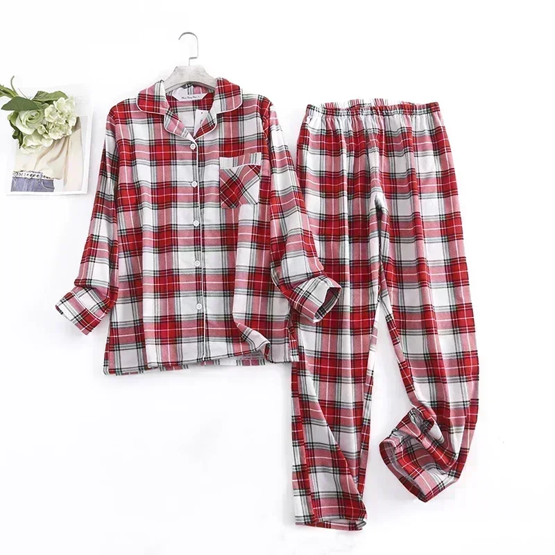 Conjuntos de pijamas de pantalones largos de franela de algodón para mujer, ropa de dormir con diseño a cuadros, trajes de pantalón holgados de manga larga para otoño e invierno