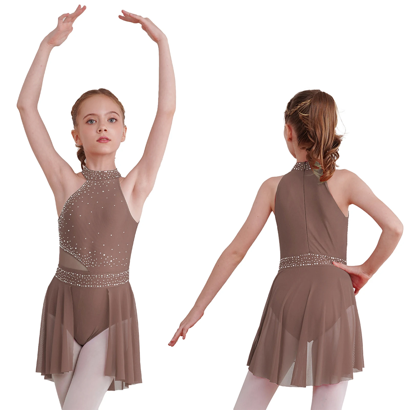 Kinder Mädchen Ballett Gymnastik Trikot Tutu Lyrical Dance Kleid Ärmellose Strass Eiskunstlauf Bühnenkostüm