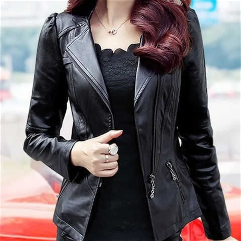 2024 สุภาพสตรีหนังฤดูใบไม้ร่วงใหม่Puสั้นหนังขนาดเล็กเกาหลีSlimแฟชั่นZipper Slimเสื้อแจ็คเก็ตหนังรถจักรยานยนต์Plusขนาด
