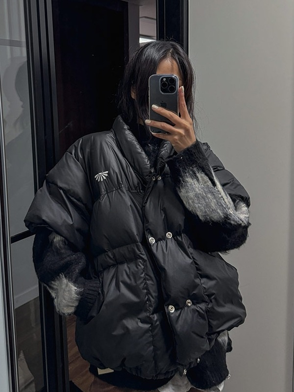 Luxurious Short Sleeve Double-Sided Wear Loose Embroidered Jacket Street Sle High Collar Double-Breasted Winter Outerwear