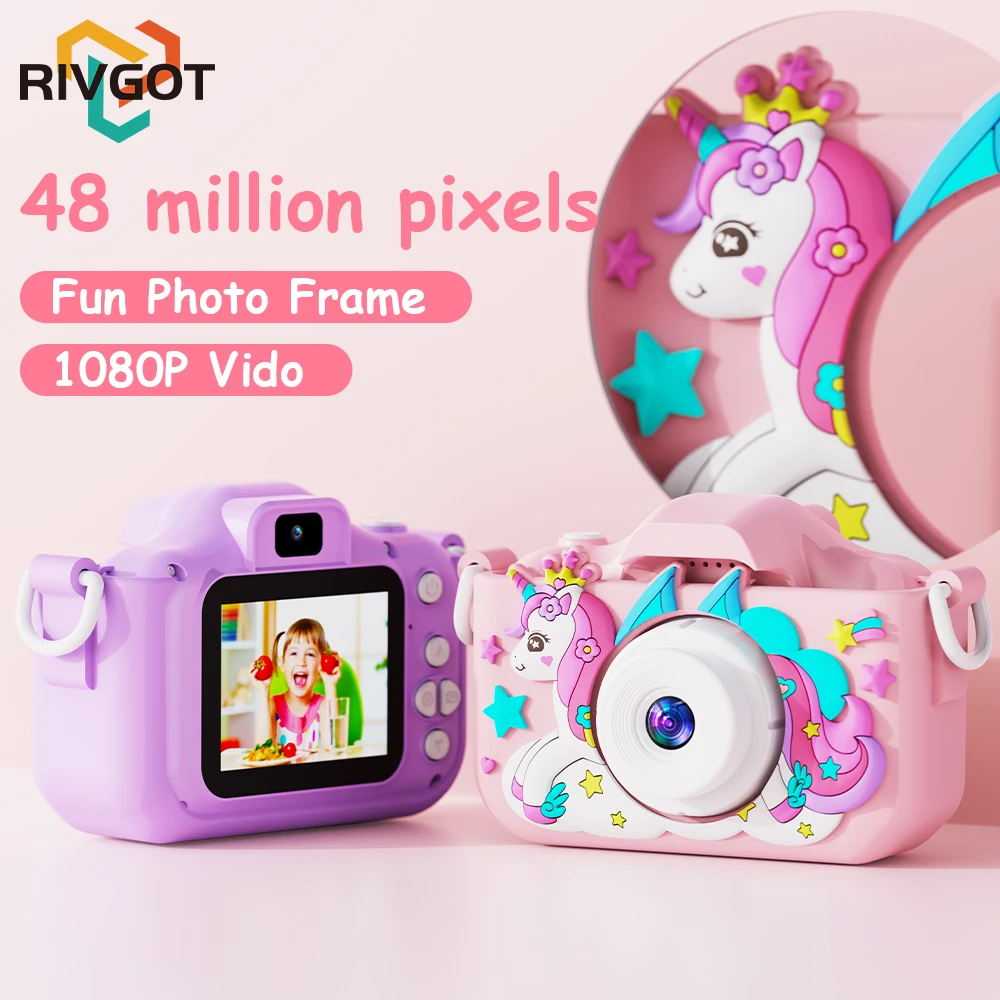 Unicorno Bambini Giocattolo Telecamere Videocamera HD 1080P 48MP Doppia fotocamera con copertura protettiva in silicone Scheda da 32 GB Ragazzo Ragazza Regali di compleanno