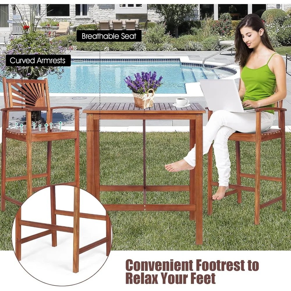 Outdoor Acacia Wood Dining Set, Spacious Tabletop, Comfortable Backrest, Suitable for Sunroom, Backyard Balcony, Space-Saving