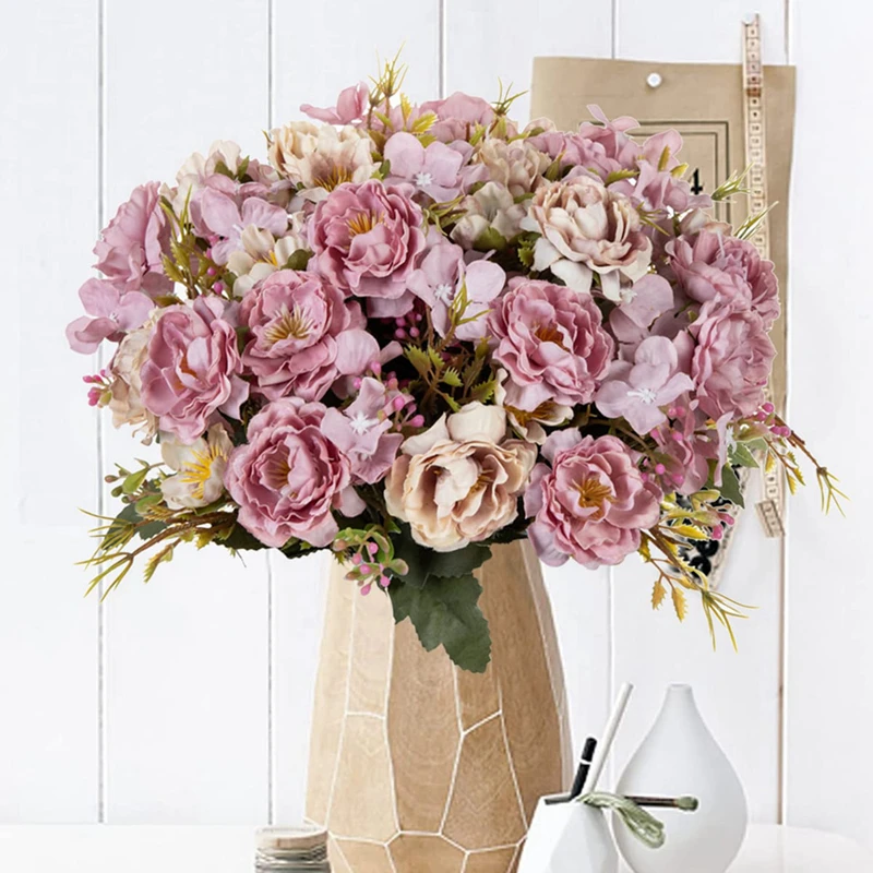 Ramo de flores artificiales para decoración del hogar, 5 tenedores, 8 cabezas, pequeño, peonía, plantas decorativas, coronas, jarrones, accesorios de boda