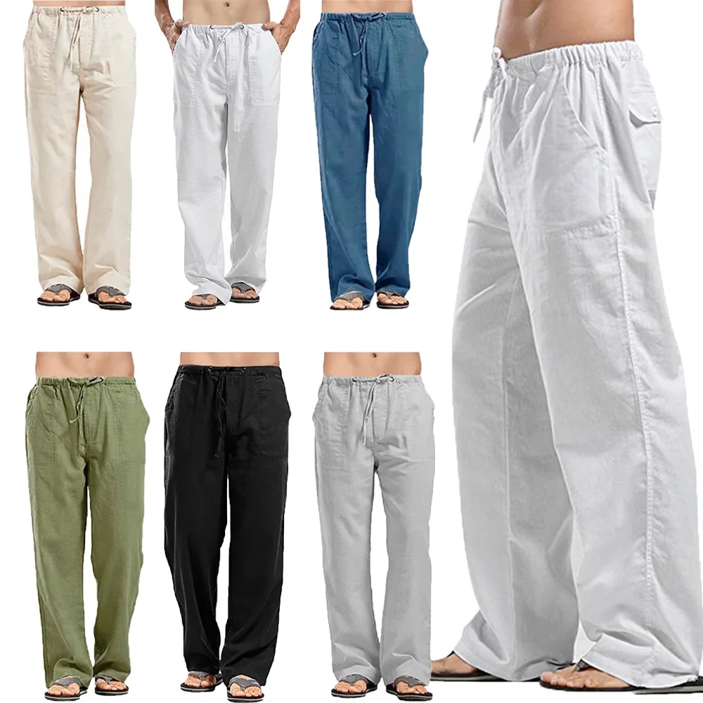 Herren Baumwolle Leinen hose Sommer einfarbig atmungsaktive Leinen hose männlich lässig elastische Taille Fitness hose