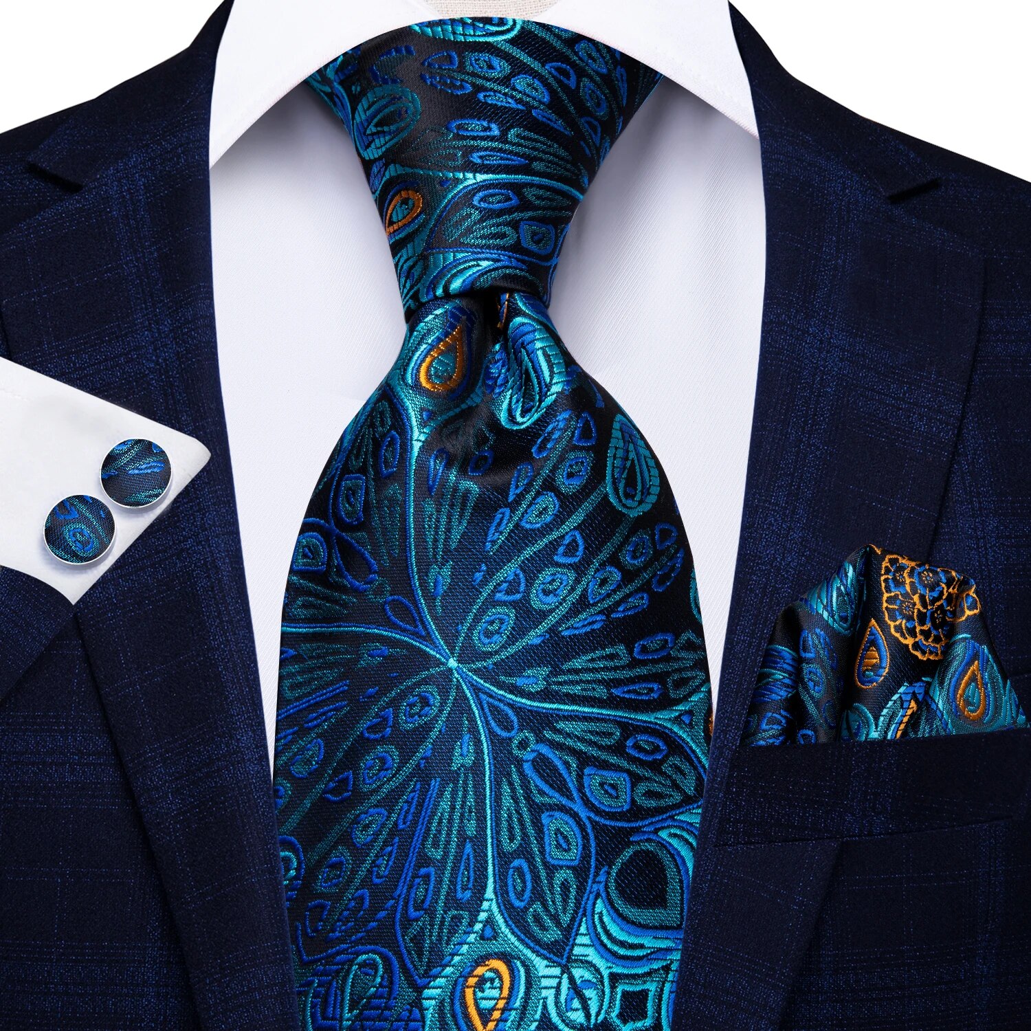 Hi-Tie-corbata de boda de seda de diseñador para hombre, color azul pavo real, gemelos, regalo, conjunto de corbata de moda para fiesta de negocios