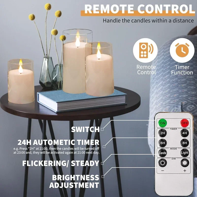 Led Electronic Candles Light Flameless Remote Timer Flickering Lamp Clear Acrylic Glass Battery Powered Wedding Party Christmas