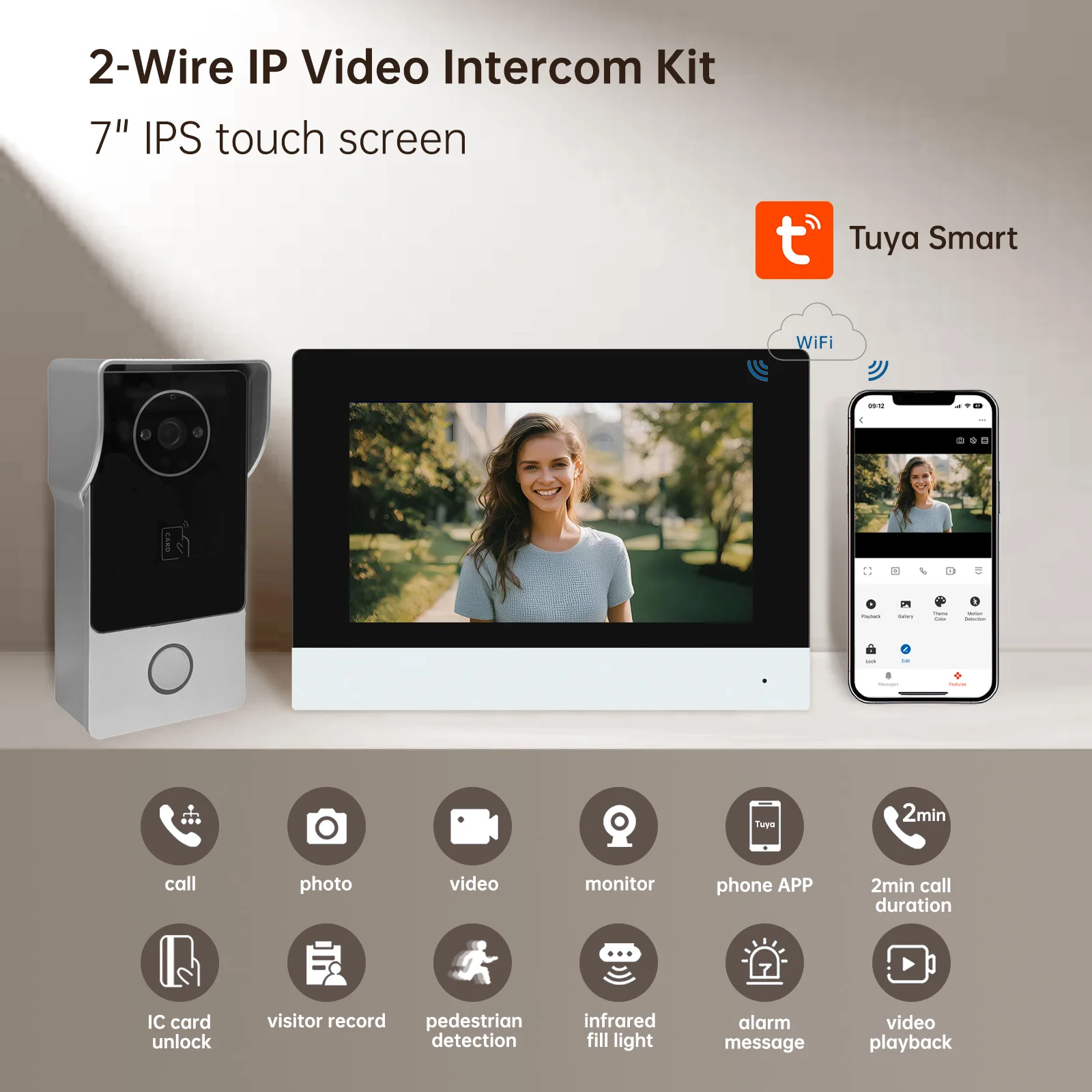 Um campainha de 2 fios intercom 7 "10" lcd vídeo porteiro telefone wifi rfid visão noturna 1080p vigilância tuya para villa casa d4b