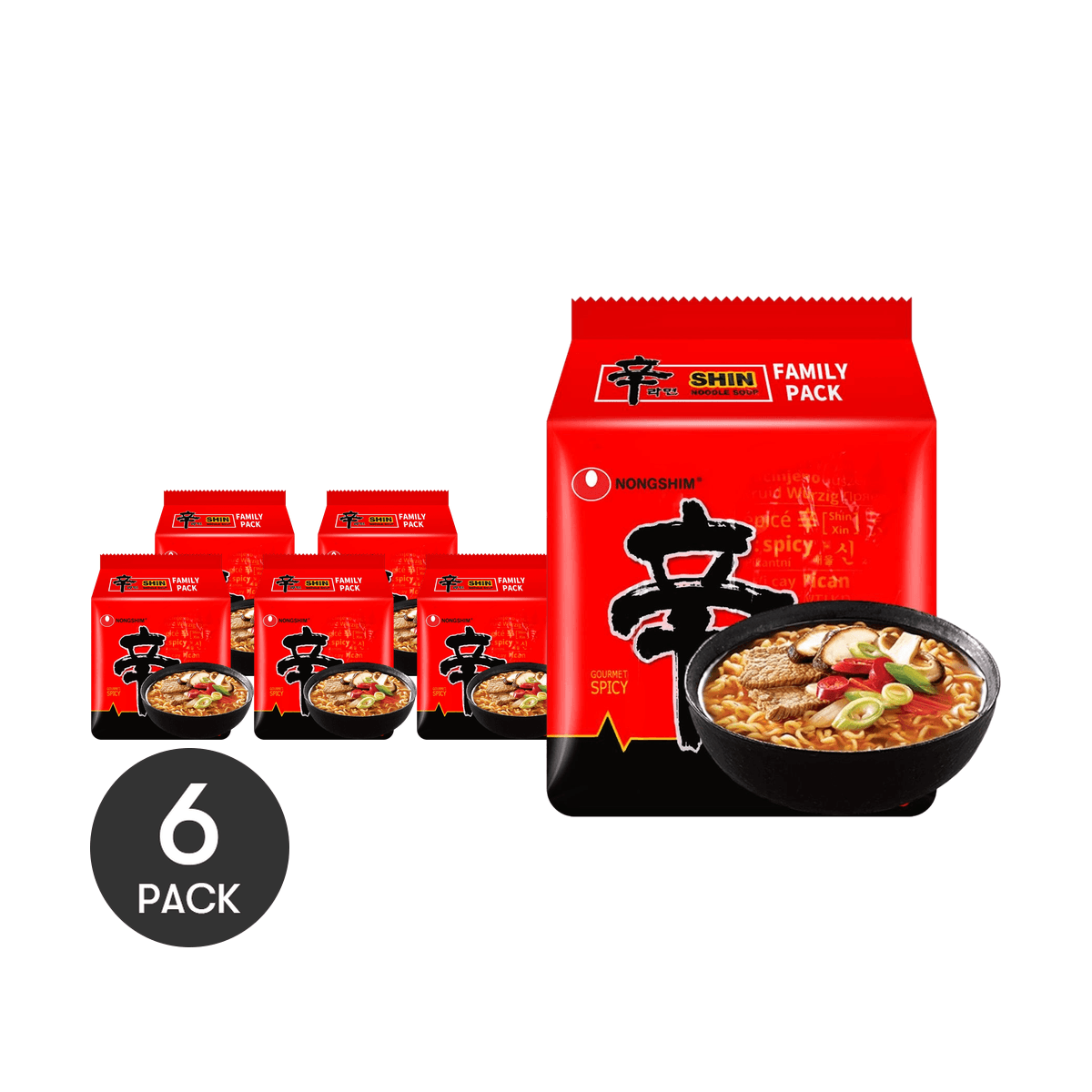 [6Packs 24Pieces] NONGSHIM Korean Spicy Shin Ramen - Instant Noodle Soup, 4.2oz*4Pieces*6Packs