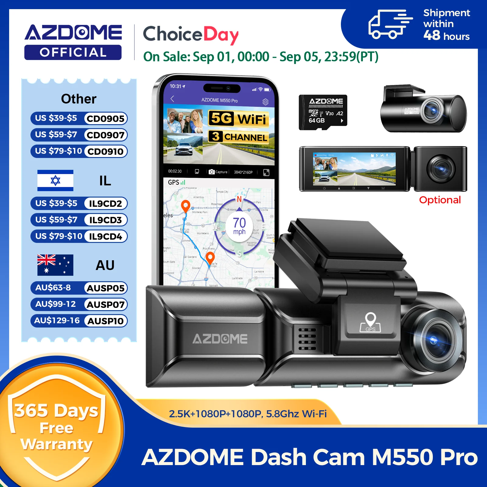 Обновление AZDOME M550 Pro Видеорегистратор 4K 5,8 ГГц Поддержка Wi-Fi Внутренняя и задняя камера Автомобильный видеорегистратор 6 ИК Монитор ночного видения Видеорегистратор