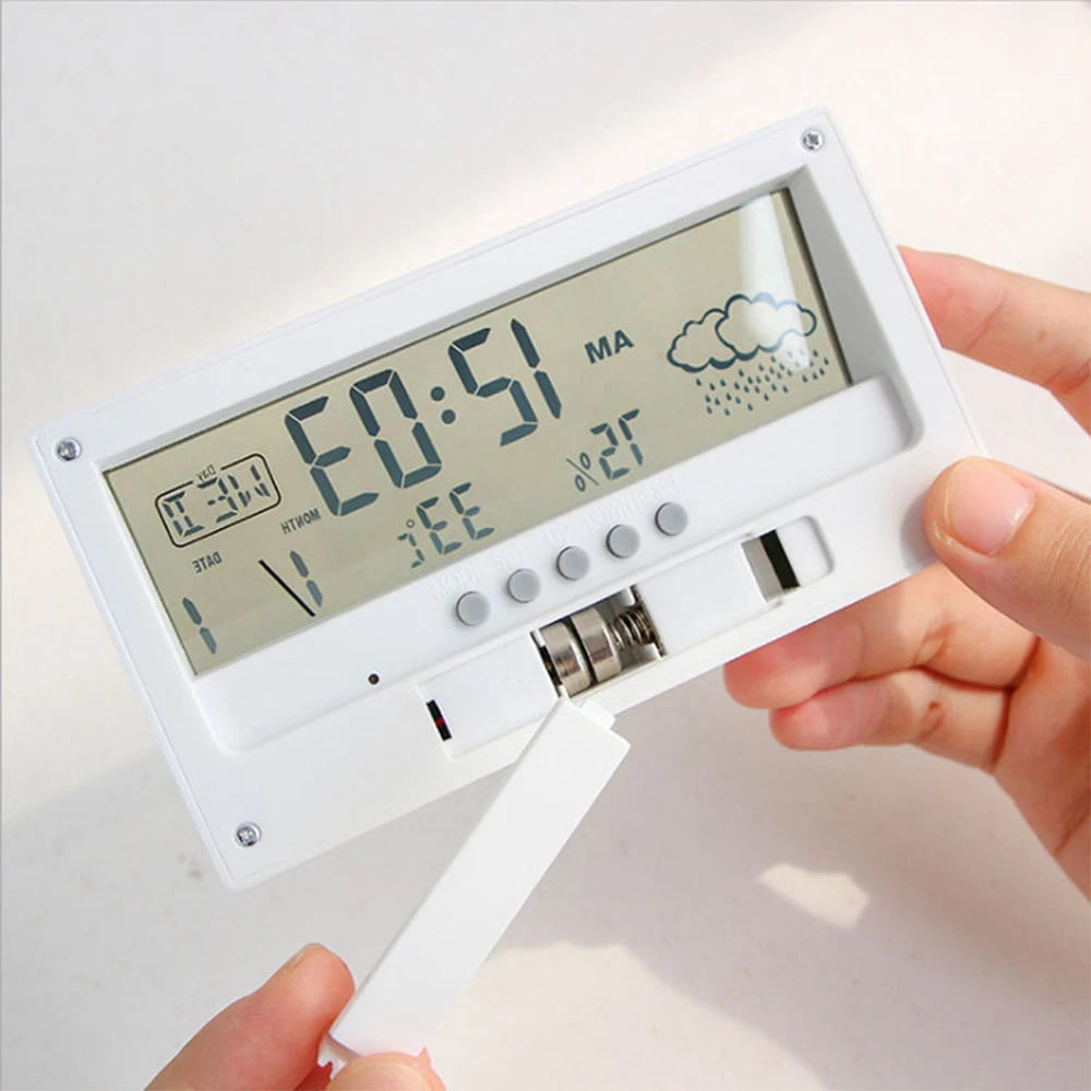 หน้าจอ LCD เครื่องวัดอุณหภูมิดิจิตอลมัลติฟังก์ชั่นอิเล็กทรอนิกส์อุณหภูมิความชื้นบ้านพร้อมนาฬิกาปลุกสําหรับเด็กนักเรียน