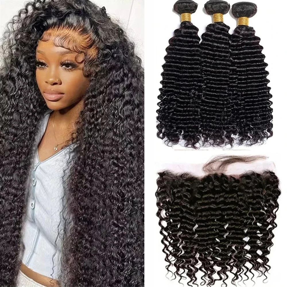 Onda de água profunda pacotes com fechamento frontal 100% cabelo humano cru não processado completo e grosso 3 pacotes com 13x4 hd laço frontal